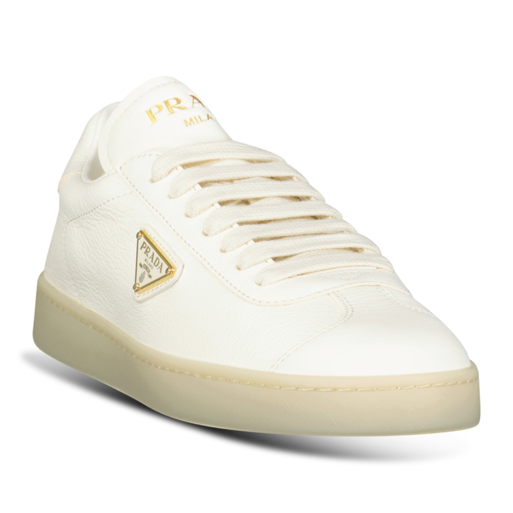 Prada Leather Trainers with Gold Metal Appliqué in Avorio