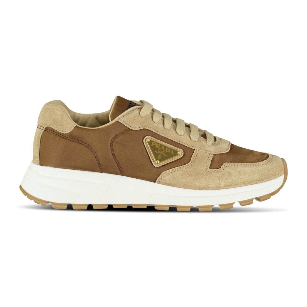 Prada Prax 01 Triangle Logo Suede Trainers Brown & Beige