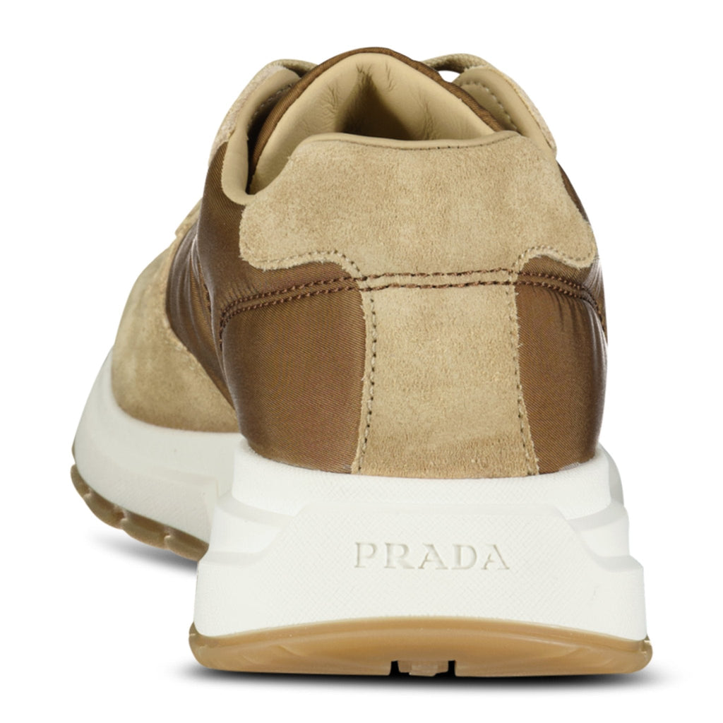 Prada Prax 01 Triangle Logo Suede Trainers Brown & Beige