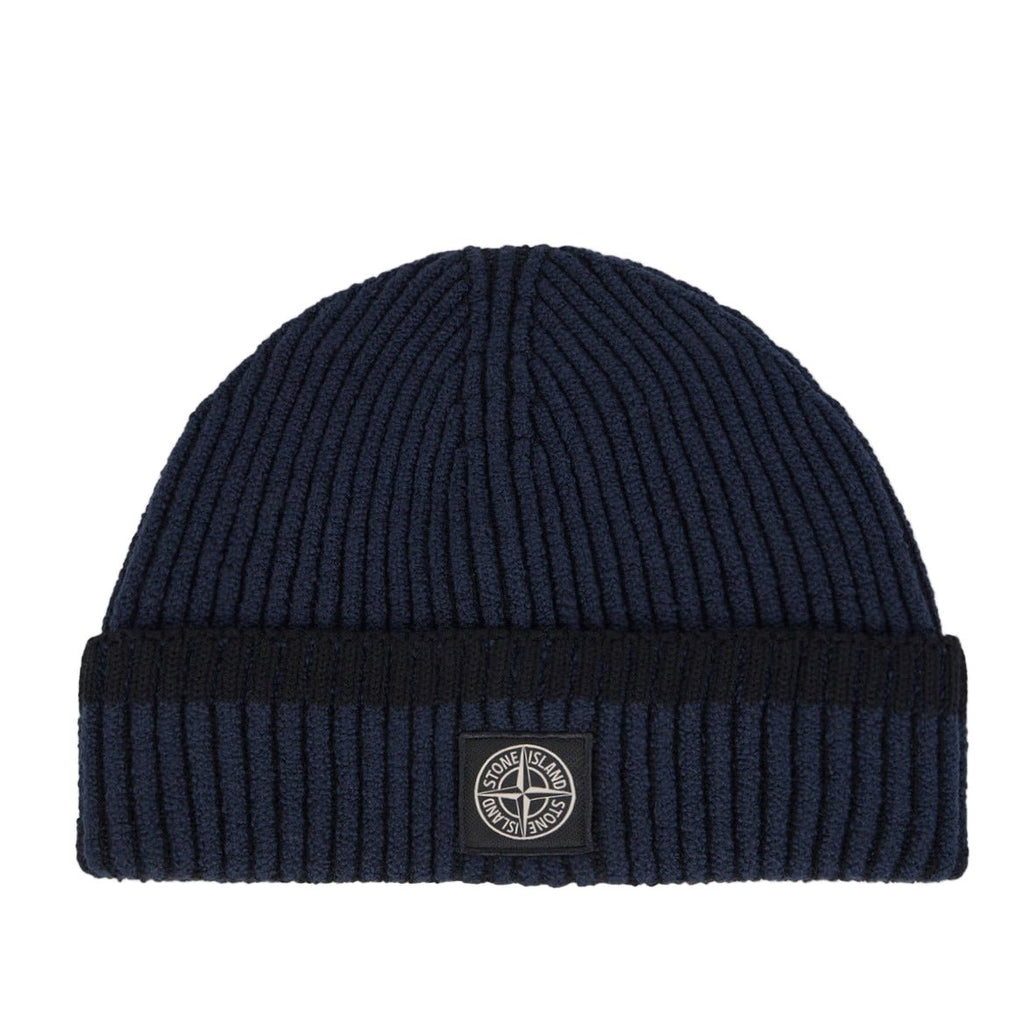 Stone Island Beanie with Vanisé Ribbing and Compass Patch in Navy