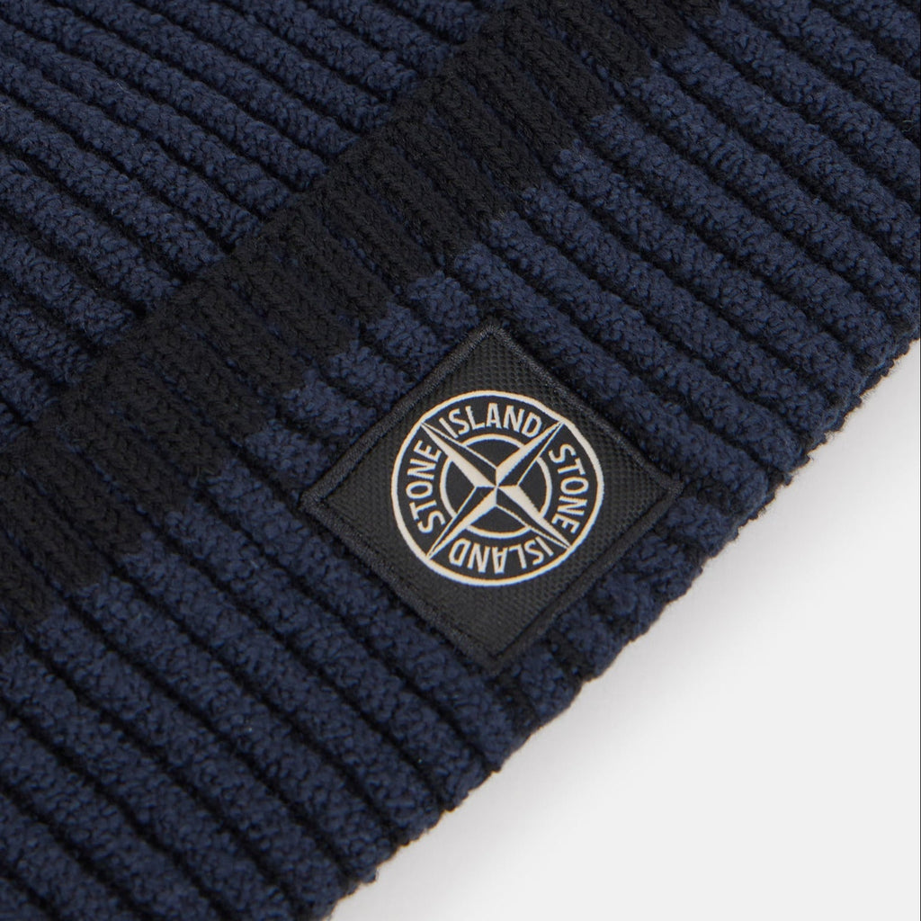 Stone Island Beanie with Vanisé Ribbing and Compass Patch in Navy